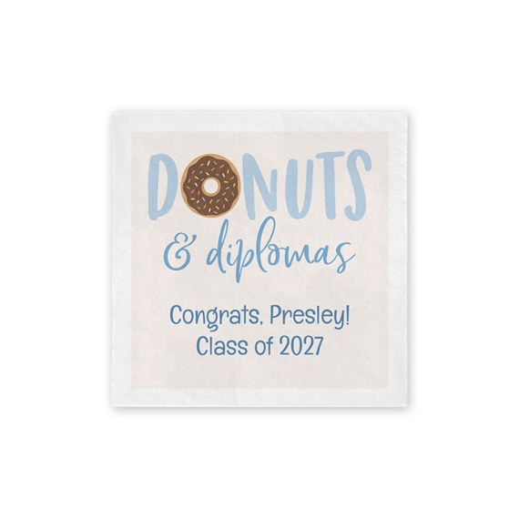 graduation beverage napkin with donut graphic and customizable text area