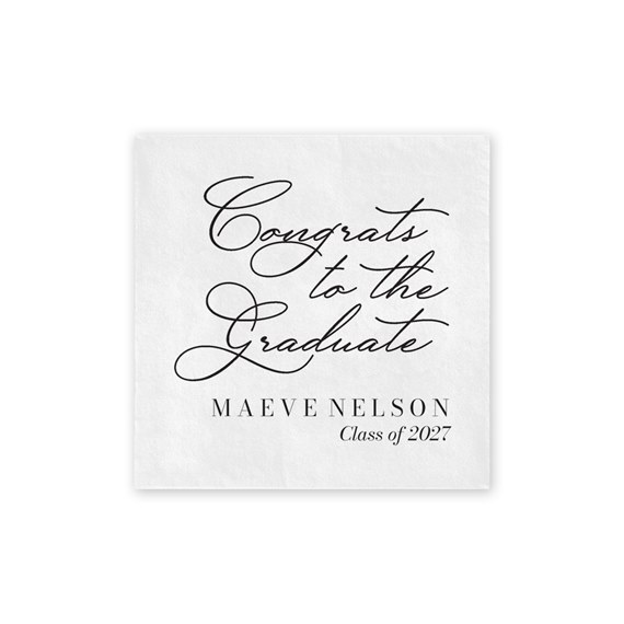 white beverage napkin with graduation message