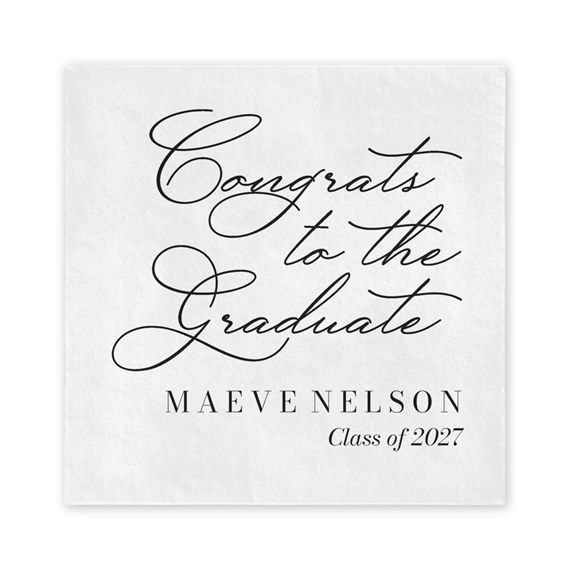 white napkin with black text for graduation celebration