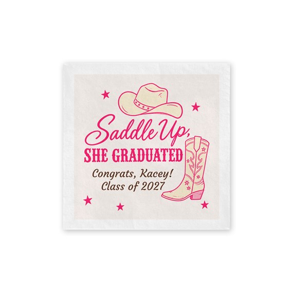 beverage napkin with cowboy theme and graduation text