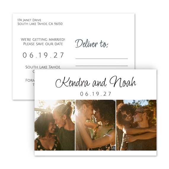 save-the-date postcard with photo placeholders and text