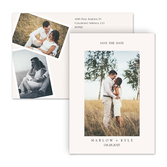 save the date postcard with photo placeholders and text