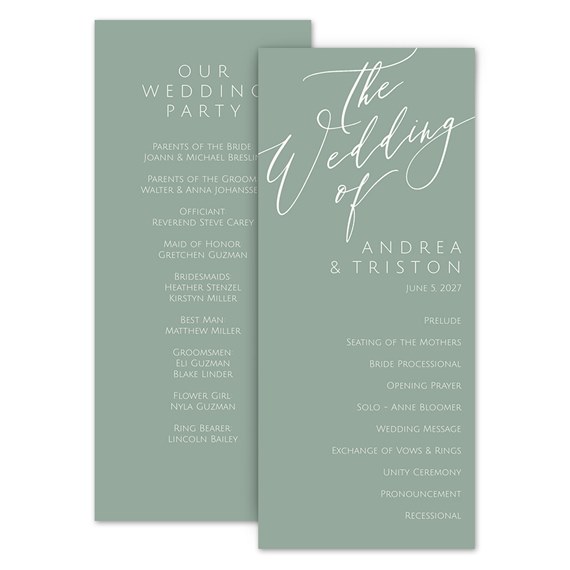 wedding program cards with green background and elegant script