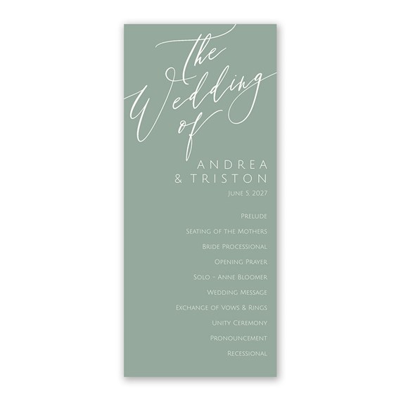 wedding program with elegant script and event details