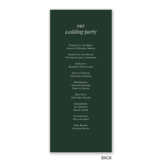 wedding program with list of wedding party members