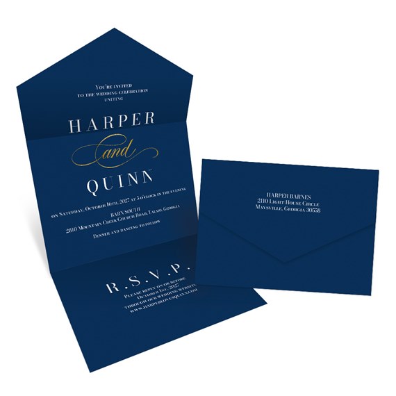 navy blue wedding invitation with gold accents and matching envelope