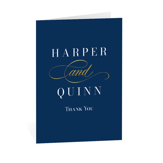 thank you card with names in navy, white, and gold
