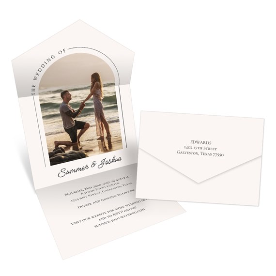 arched photo invitation with customizable text area and matching envelope