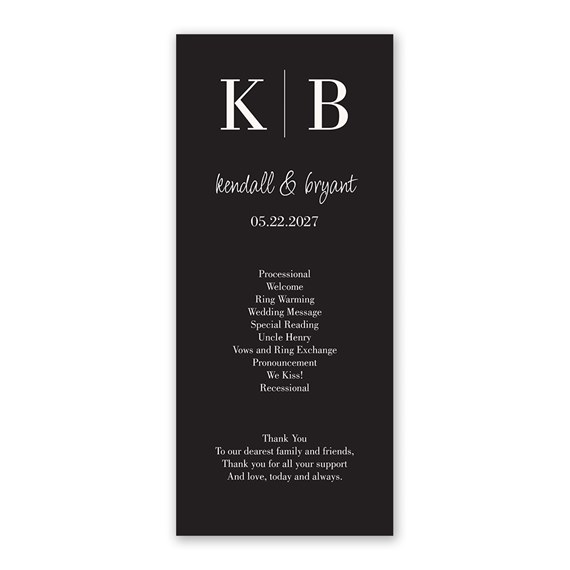 black wedding program with white text