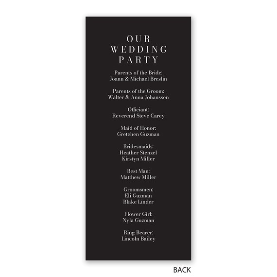 wedding program with black background and white text