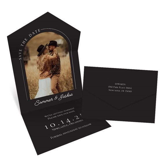 arched photo save the date card with black envelope