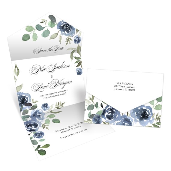 save the date card with floral design and photo placeholder