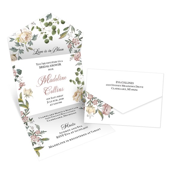 bridal shower invitation with floral design and envelope