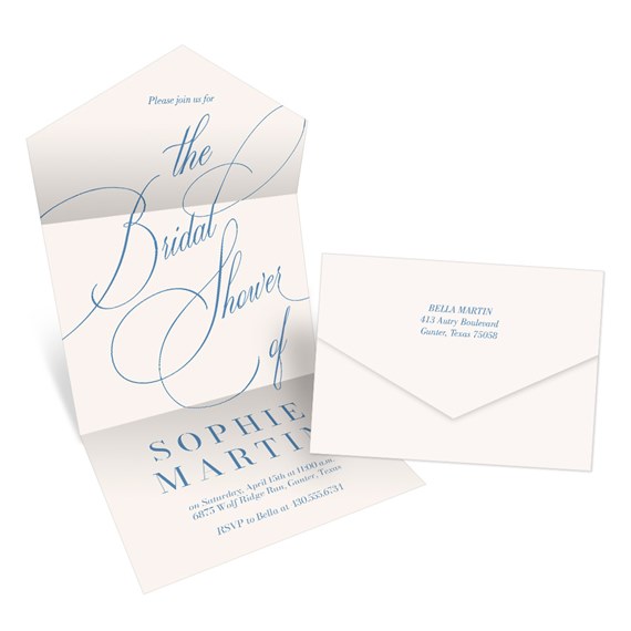 bridal shower invitation and envelope with script text