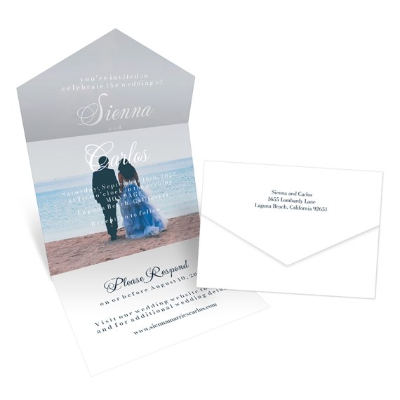 seal and send invitation with beach background and couple silhouettes