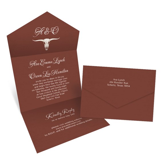western-style seal and send invitation with bull skull design and matching envelope