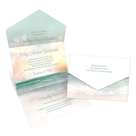 ocean sunset wedding invitation with wave design and customizable text area