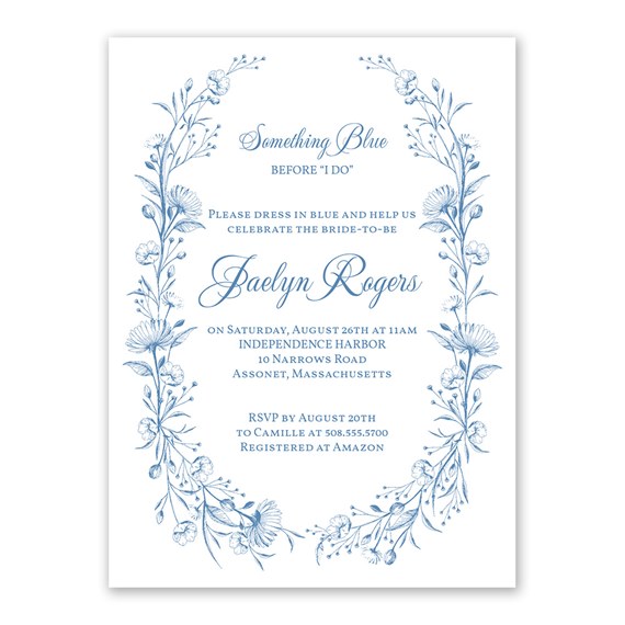 floral border bridal shower invitation with blue text