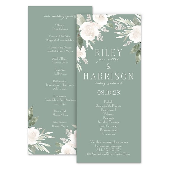floral wedding program with names and event details