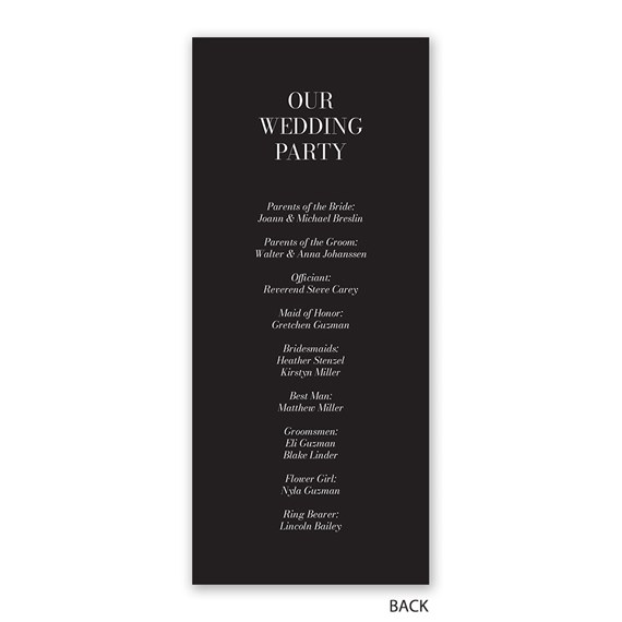 wedding program with black background and white text