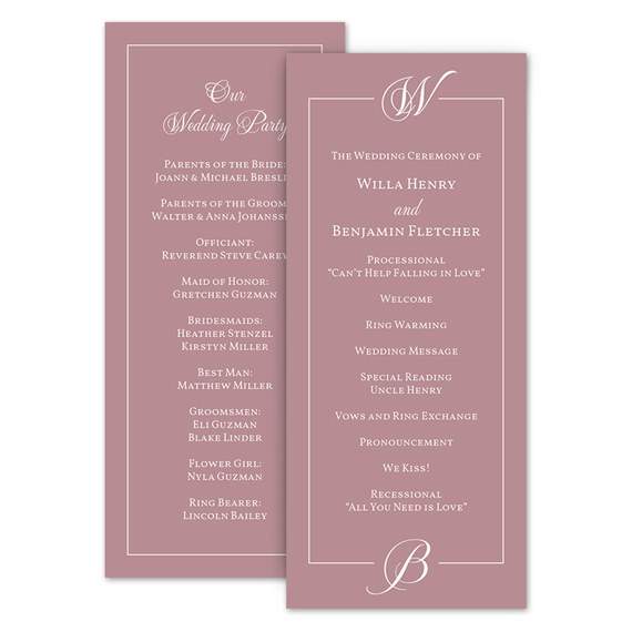 wedding program with decorative borders and monograms