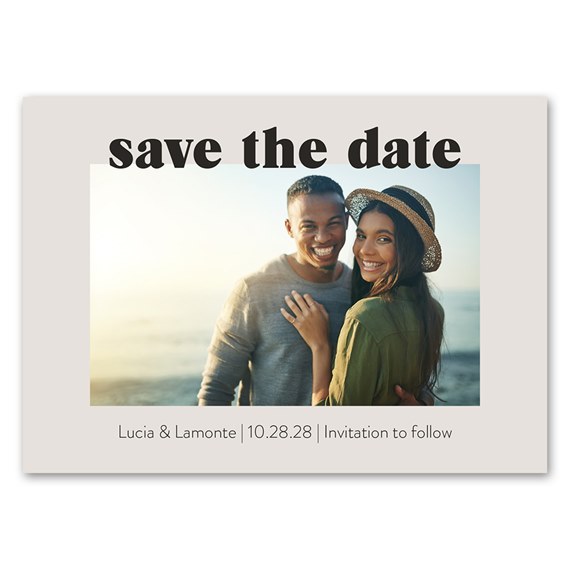 photo area with bold save the date text and customizable text section
