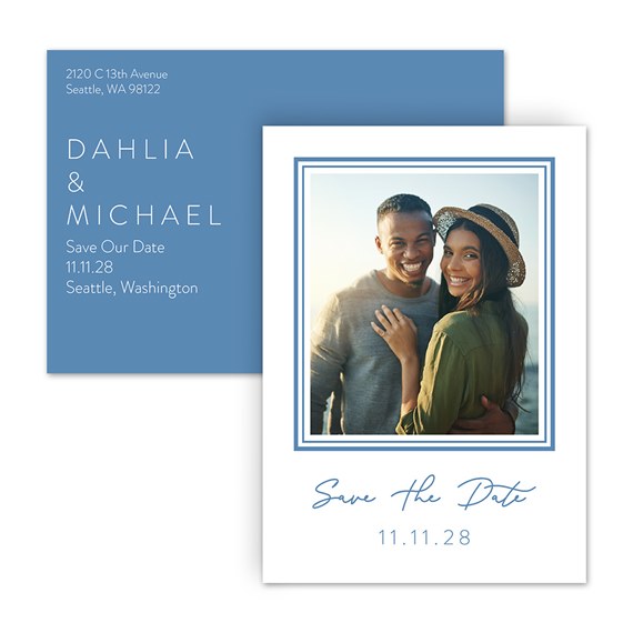 postcard with photo placeholder, blue border, customizable text area