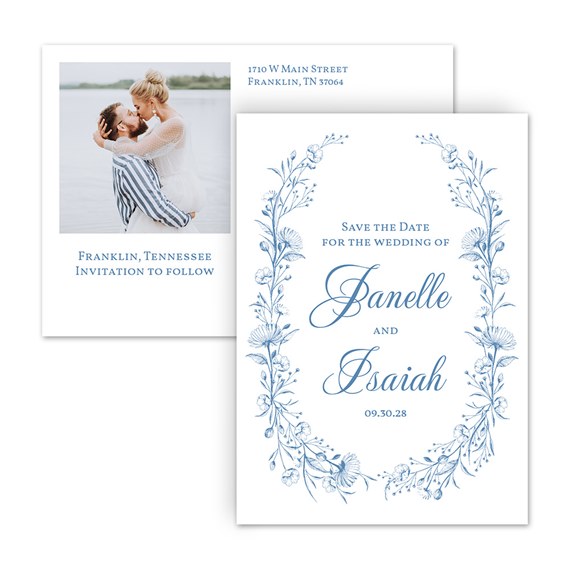 save the date postcard with floral design and photo area