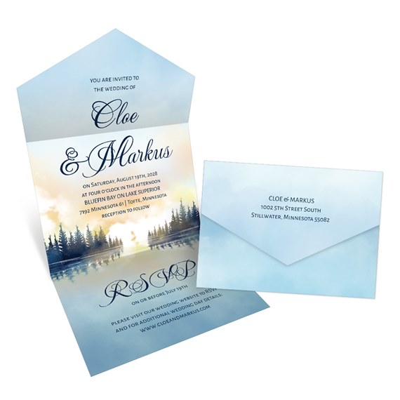 wedding invitation with lake scene and envelope