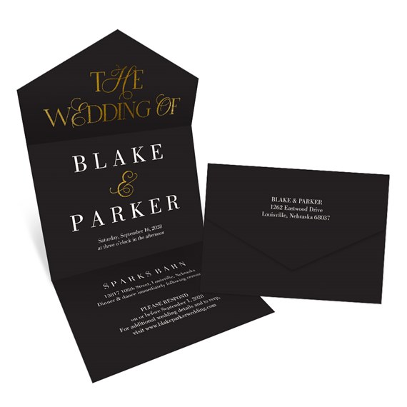 black wedding invitation with gold and white text, customizable text area