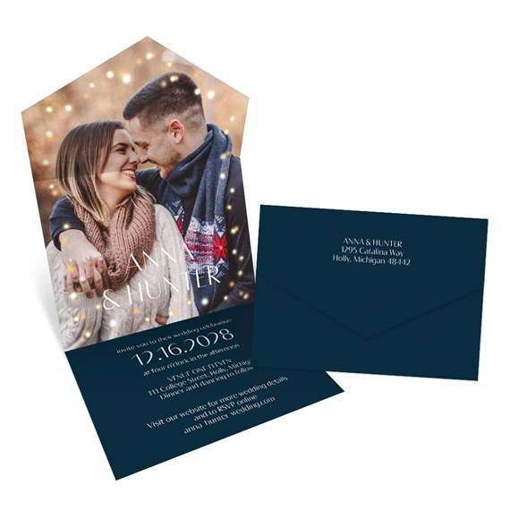 hexagonal invitation with photo area and navy envelope
