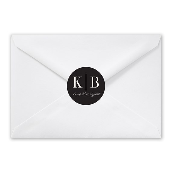 white envelope with black circular seal and customizable text area