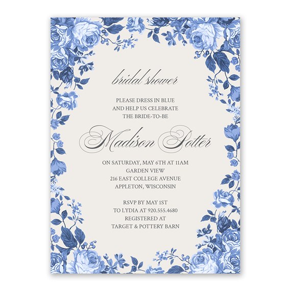 floral bridal shower invitation with blue roses