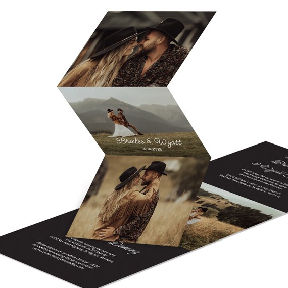 three-panel invitation with photo placeholders and text