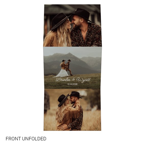 tri-fold invitation with photo areas and decorative text