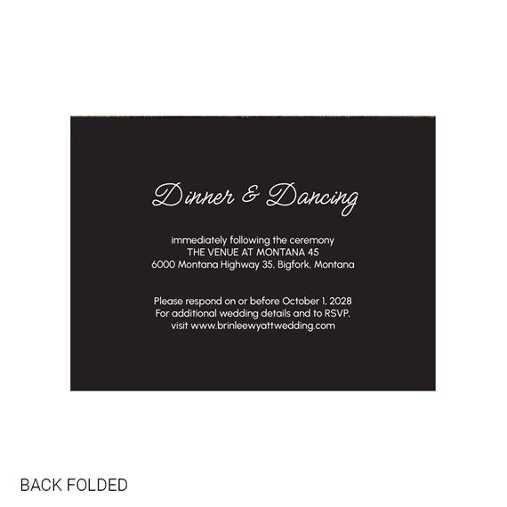 black invitation card with white text