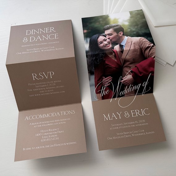 tri-fold wedding invitation with photo area and printed details