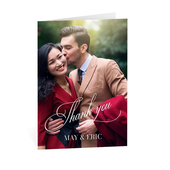 thank you card with photo placeholder and scrawling script