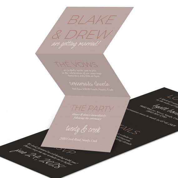 tri-fold wedding invitation with various panels and text areas
