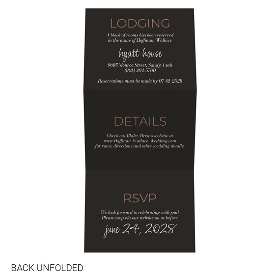 black wedding invitation with lodging, details, and RSVP sections