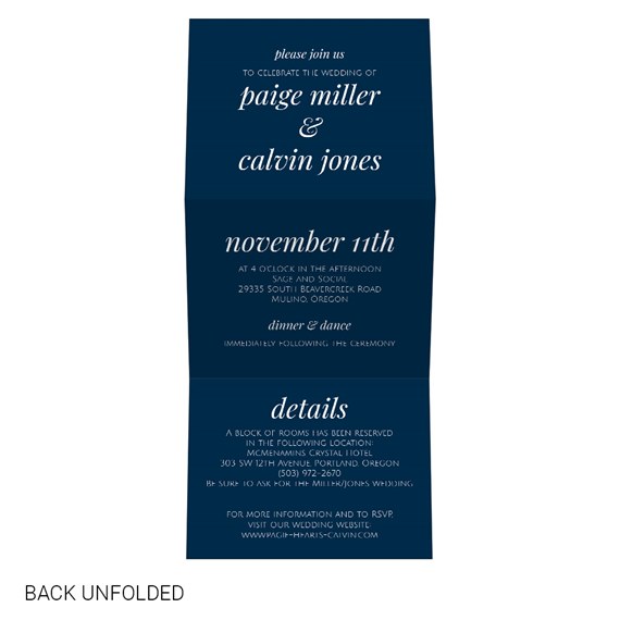 navy blue wedding invitation with white text