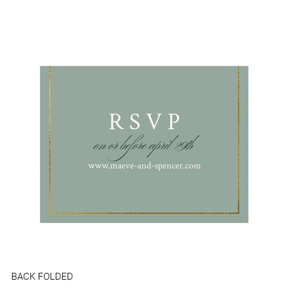 Green RSVP card with gold border and white text