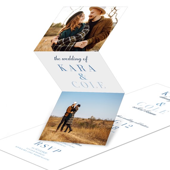 folded invitation with photo placeholders and text