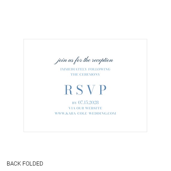 RSVP card with blue text, customizable text area