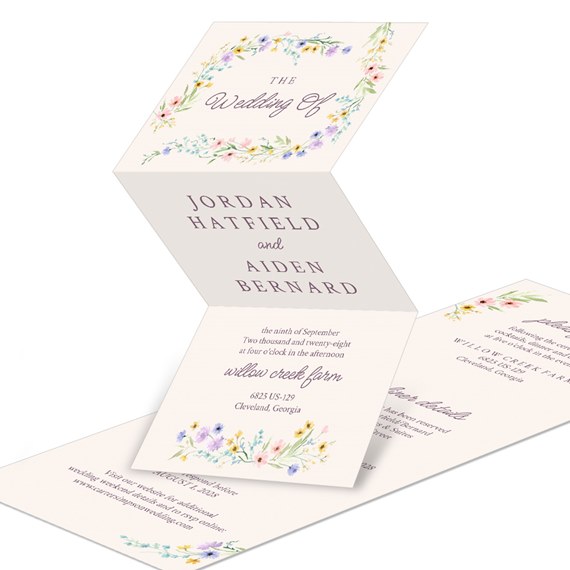 tri-fold wedding invitation with floral design and customizable text area