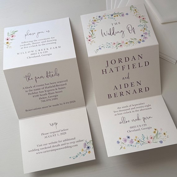 floral wedding invitation card with names and event details