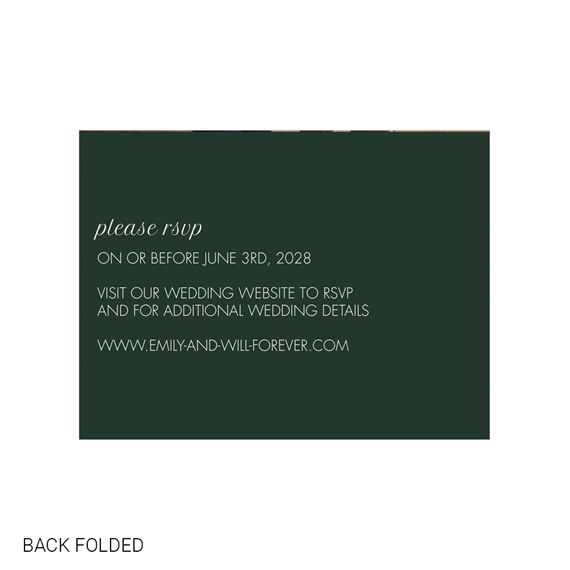 RSVP card with dark green background and white text
