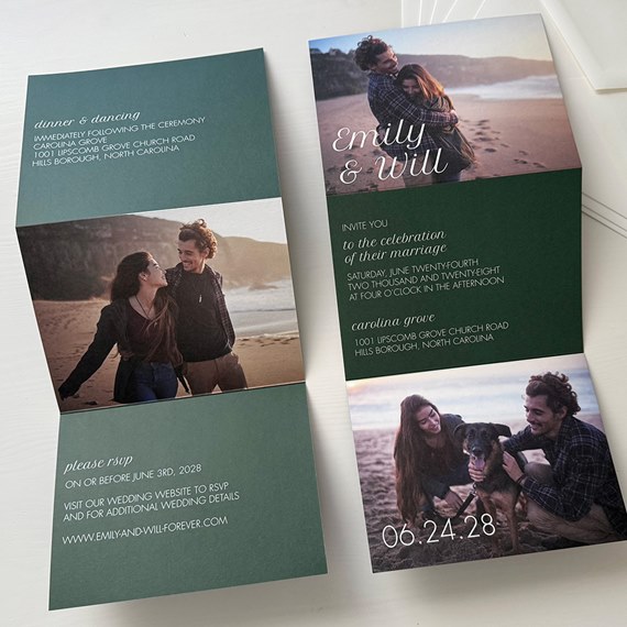 folded invitation with photo placeholders and text