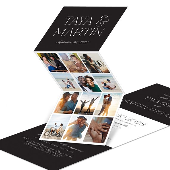 tri-fold invitation with photo placeholders and black background