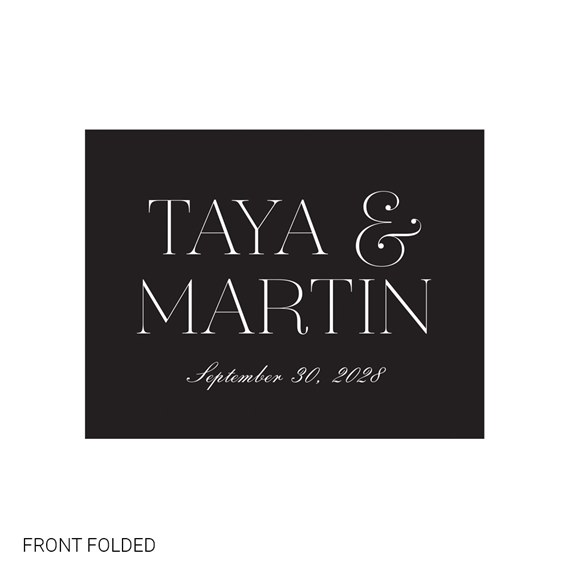 black invitation with white text, photo placeholder